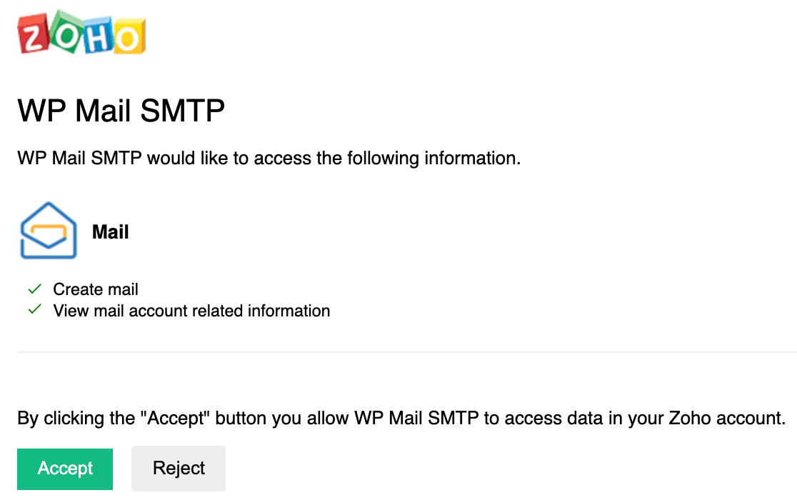 Aceitar a ligação SMTP do WP Mail no Zoho
