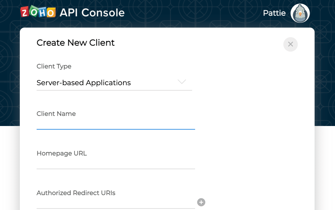 Introduzir detalhes da aplicação na consola da API do Zoho