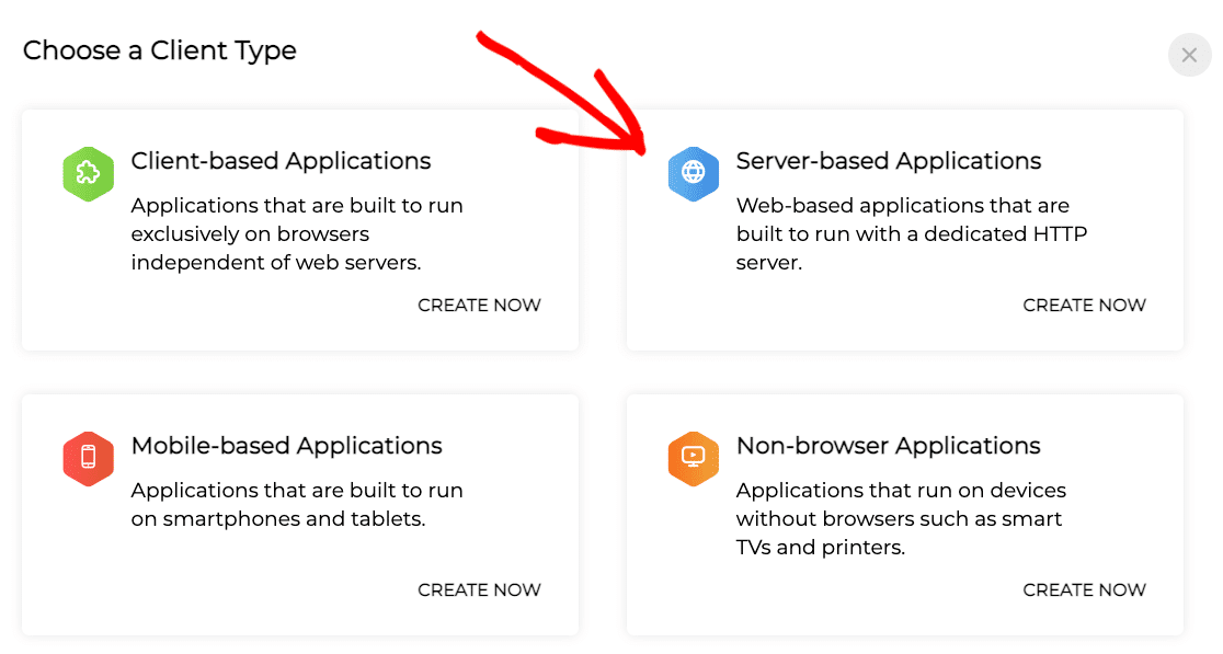 Selecionar Aplicações baseadas em servidor como o tipo de cliente na consola da API do Zoho