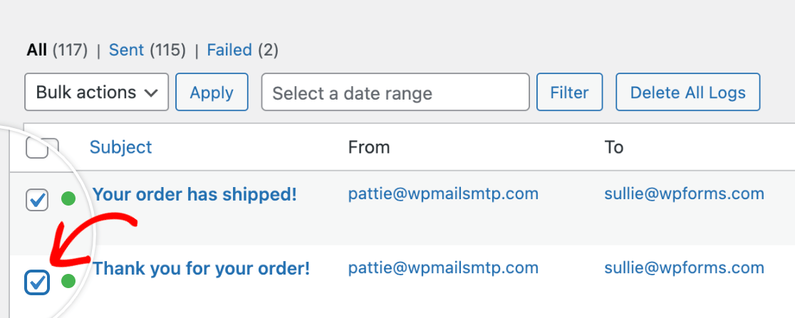 Selecionar e-mails para reenviar a partir da página Registo de e-mails