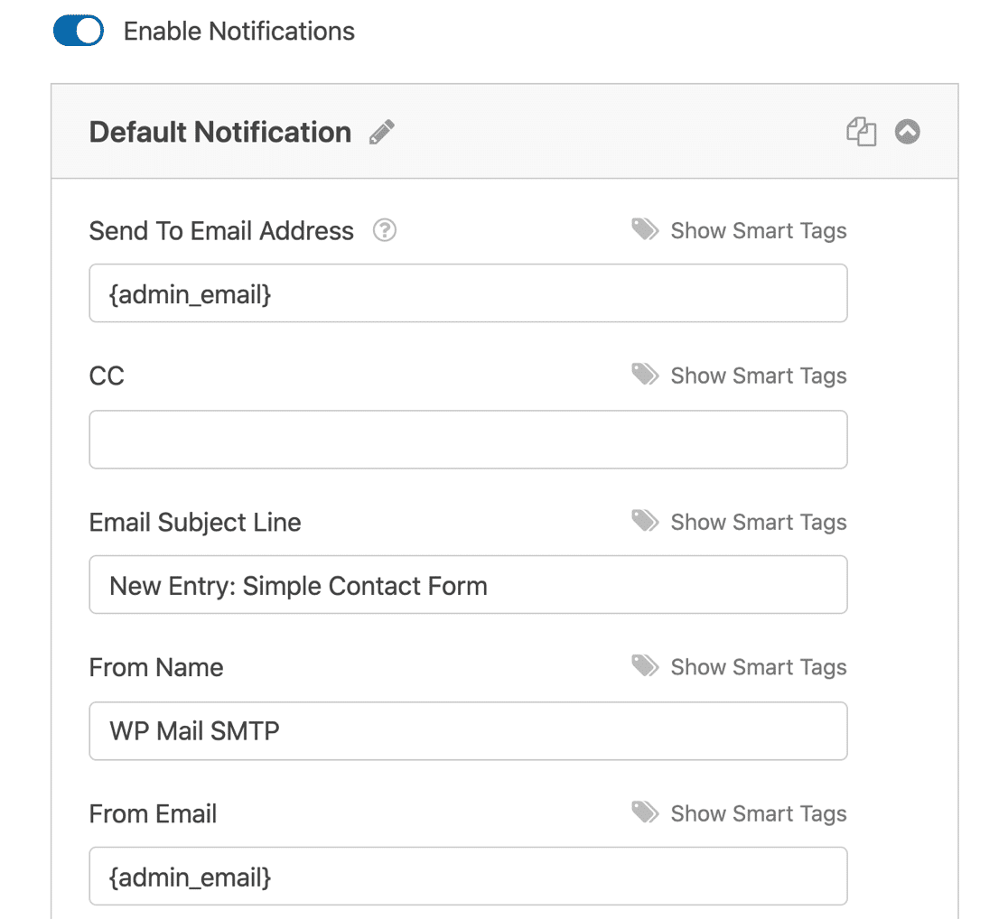 WPForms notification settings - WP Mail SMTP Configurações de notificação do WPForms