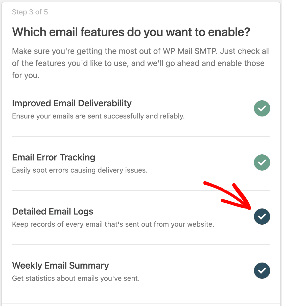 Activation des journaux détaillés des courriels dans l'assistant de configuration SMTP de WP Mail