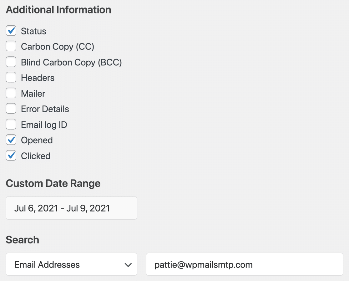 Informations sur l'exportation WP Mail SMTP - filtres supplémentaires