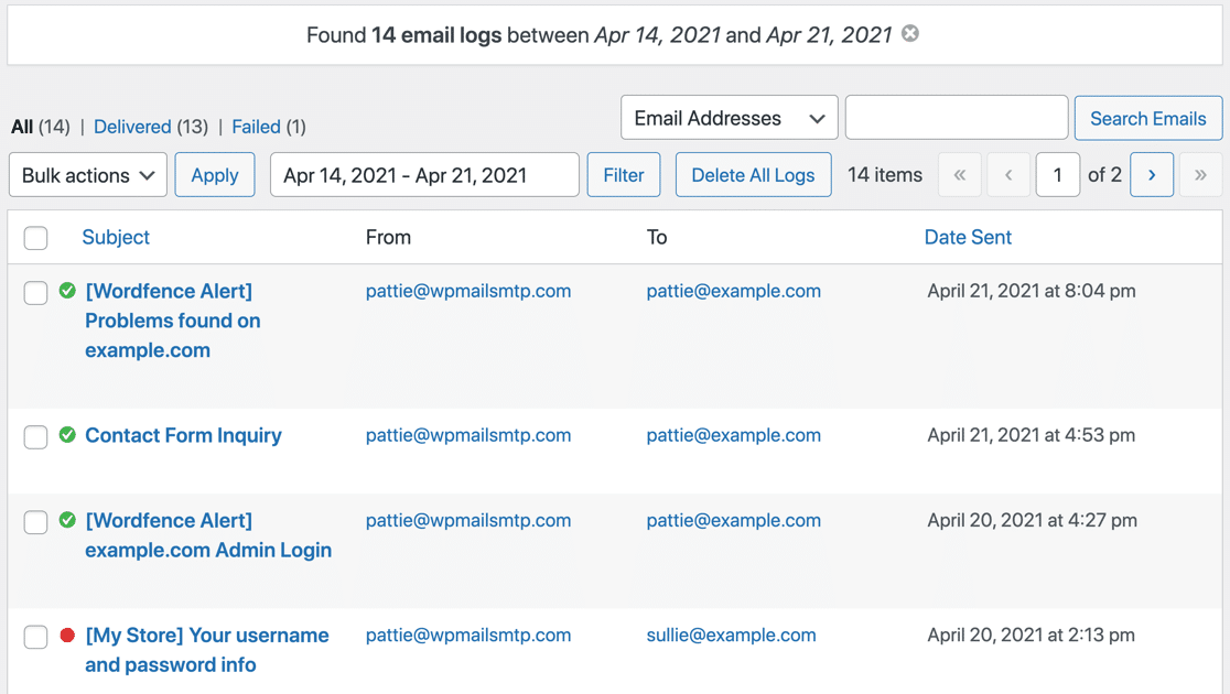 Journal des courriels filtrés par date dans WordPress
