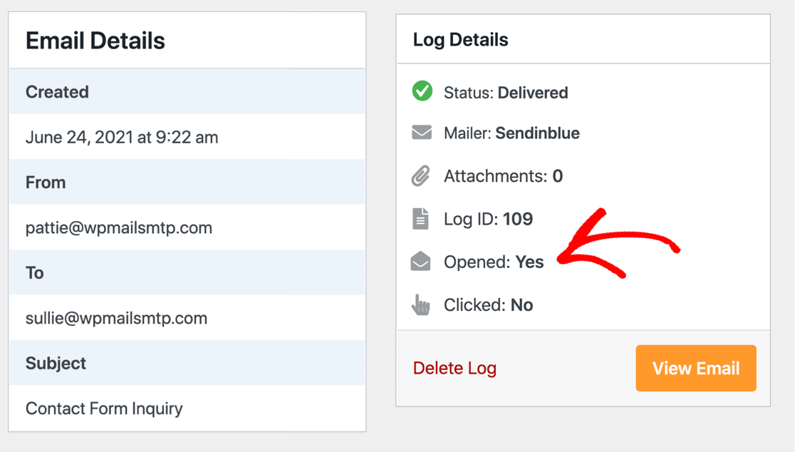 Ouvrez et cliquez sur les détails dans le journal des courriels de WordPress