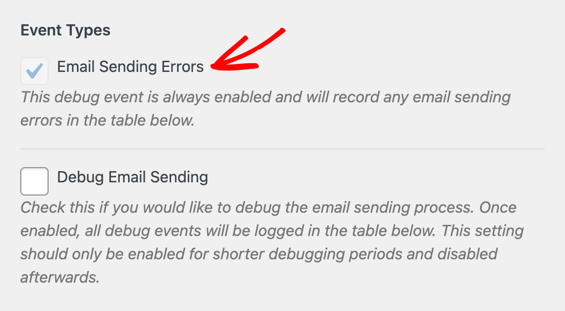 Le type d'événement de débogage Erreurs d'envoi d'email