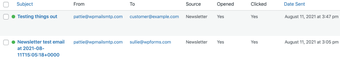 Le tableau d'enregistrement des courriels du plugin Newsletter
