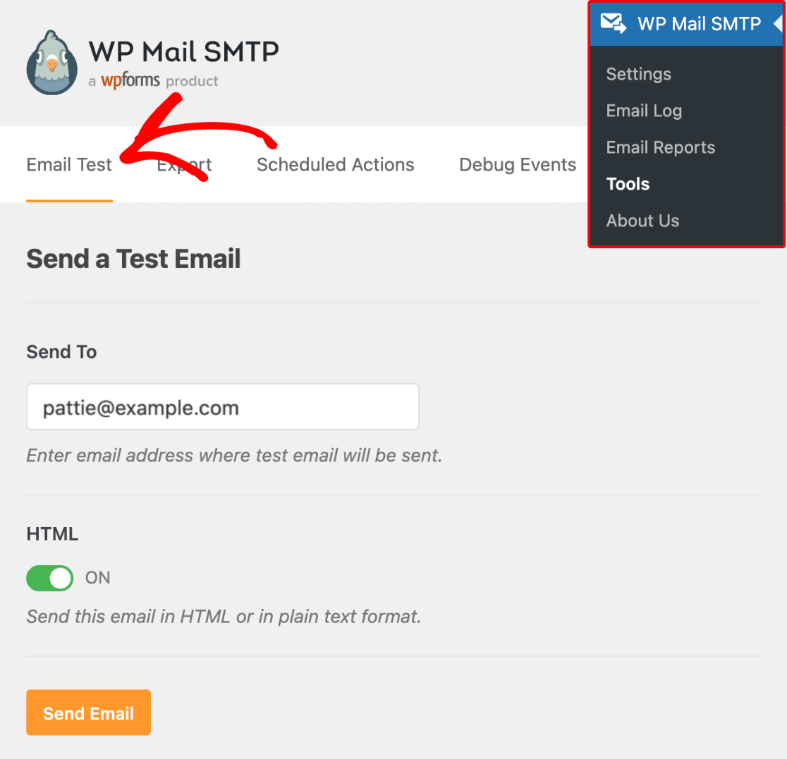 Onglet test d'email dans WP Mail SMTP
