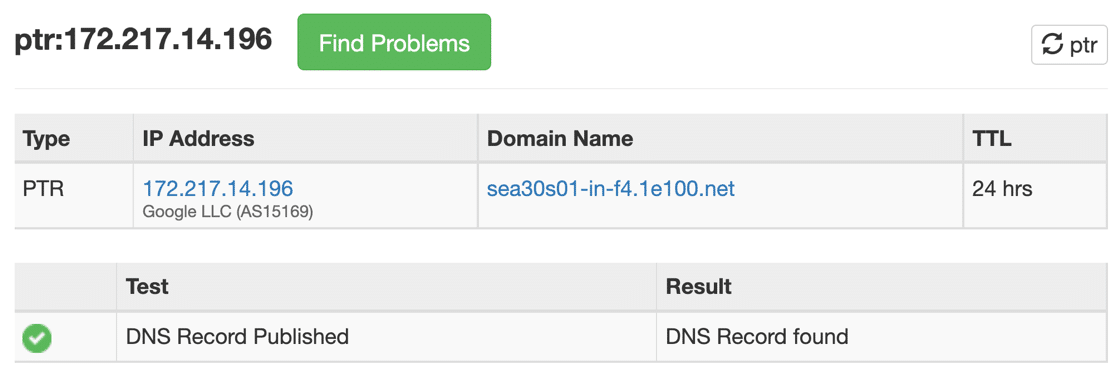 Résultat de la recherche DNS inversée pour l'enregistrement PTR