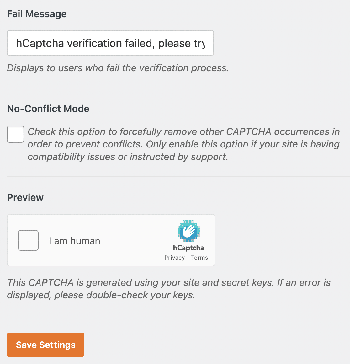 hCaptcha-Fehlermeldung in WPForms