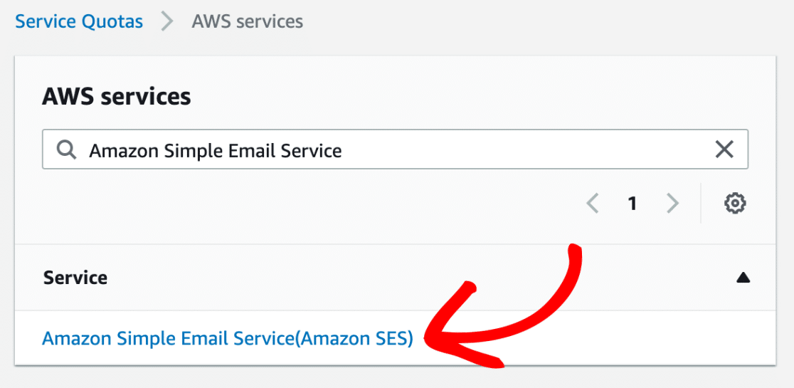 Sélectionnez le service de messagerie simple d'Amazon