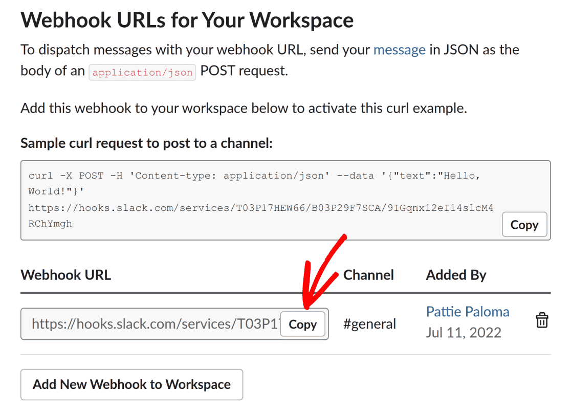 Copier l'URL du webhook de Slack