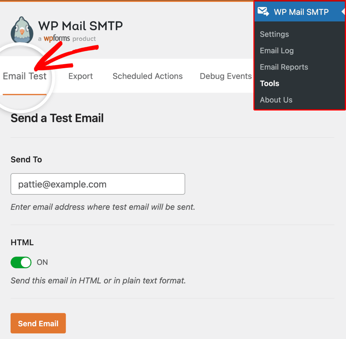 Separador de teste de correio eletrónico no WP Mail SMTP