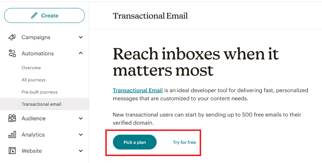 Onglet email transactionnel Mailchimp