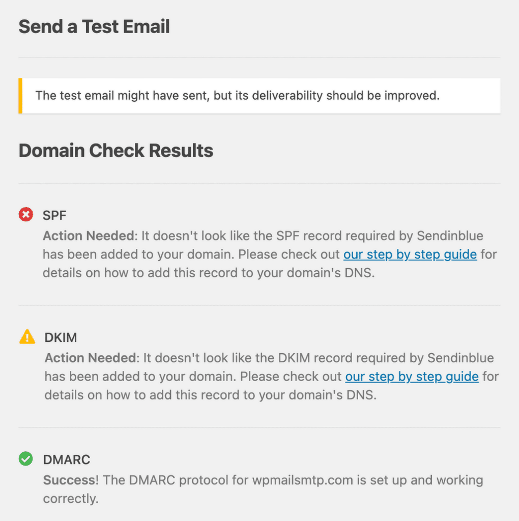 domain check results - WP Mail SMTP Résultats de la vérification du domaine