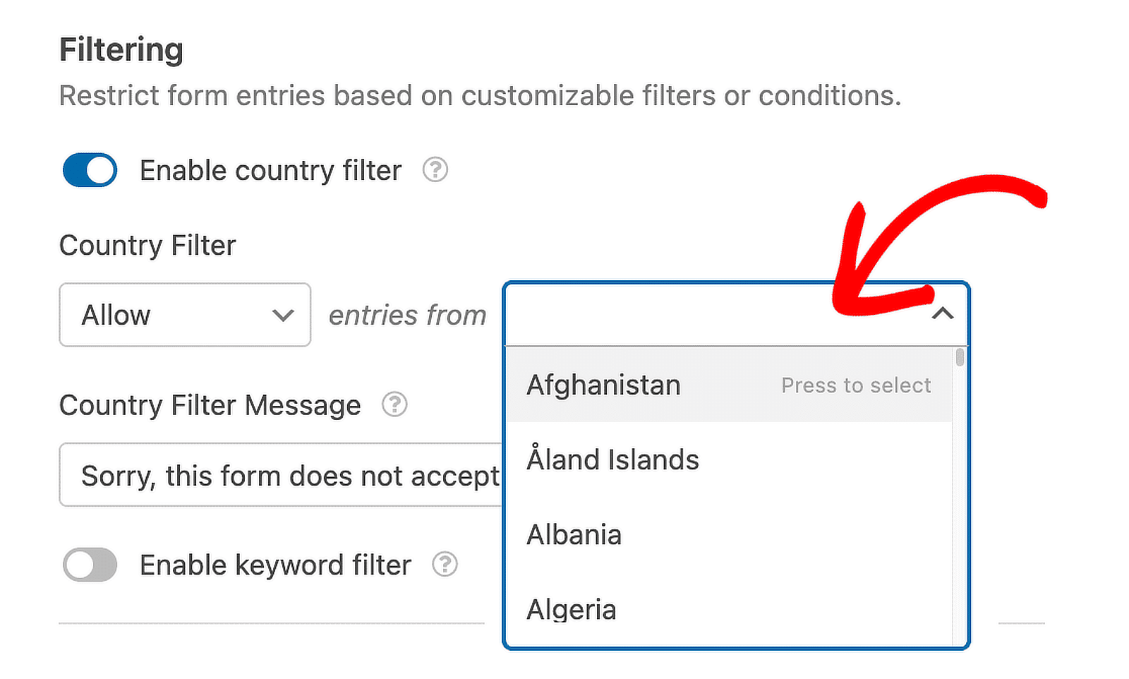 Filter und Länder auswählen