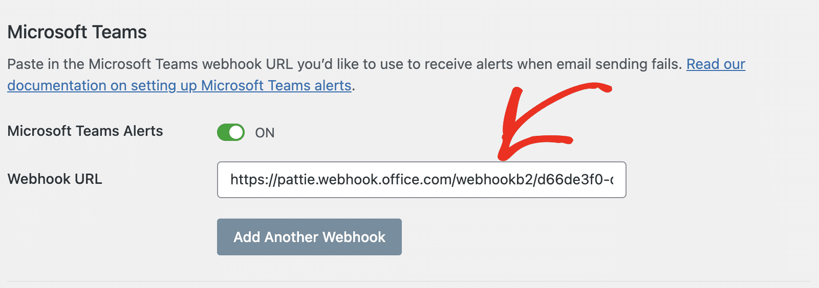 Collez l'URL de votre webhook dans le champ approprié de la page de configuration des alertes SMTP de WP Mail. 