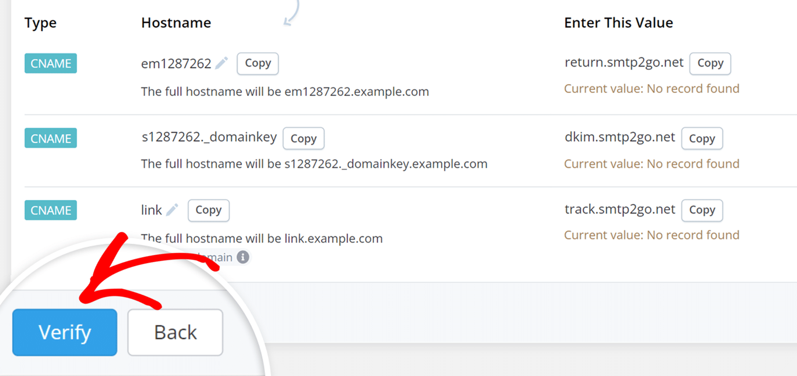 Clique em Verificar registos DNS - SMTP2GO