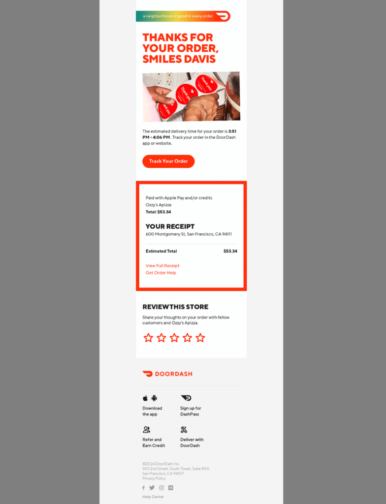 doordash Bestellbestätigung Beispiel