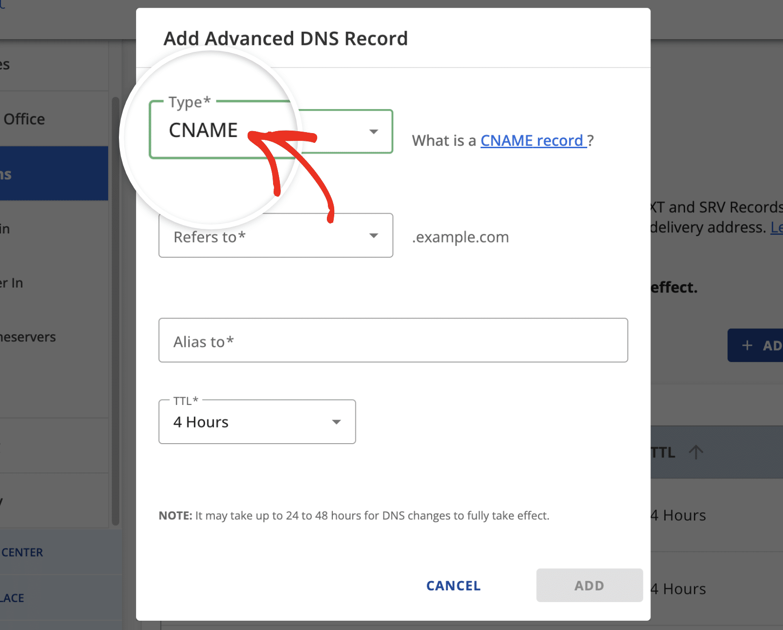 Selecionar o tipo de registo no Bluehost